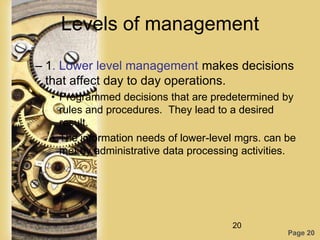 Levels of management

– 1. Lower level management makes decisions
  that affect day to day operations.
  • Programmed decisions that are predetermined by
    rules and procedures. They lead to a desired
    result.
  • The information needs of lower-level mgrs. can be
    met by administrative data processing activities.




                                       20
                                                   Page 20
 