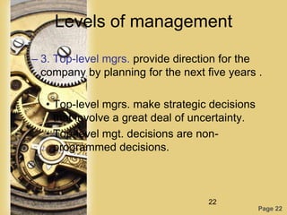 Levels of management

– 3. Top-level mgrs. provide direction for the
  company by planning for the next five years .

  • Top-level mgrs. make strategic decisions
    that involve a great deal of uncertainty.
  • Top-level mgt. decisions are non-
    programmed decisions.



                                    22
                                                Page 22
 