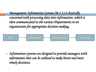    Management Information System (M.I.S.) is basically
    concerned with processing data into information. which is
    then communicated to the various Departments in an
    organization for appropriate decision-making.

    Data          Information      Communication         Decisions




   Information systems are designed to provide managers with
    information that can be utilized to make better and more
    timely decisions.
 