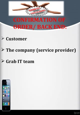 CONFIRMATION OF
     ORDER/ BACK END:
 Customer

 The company (service provider)

 Grab IT team
 