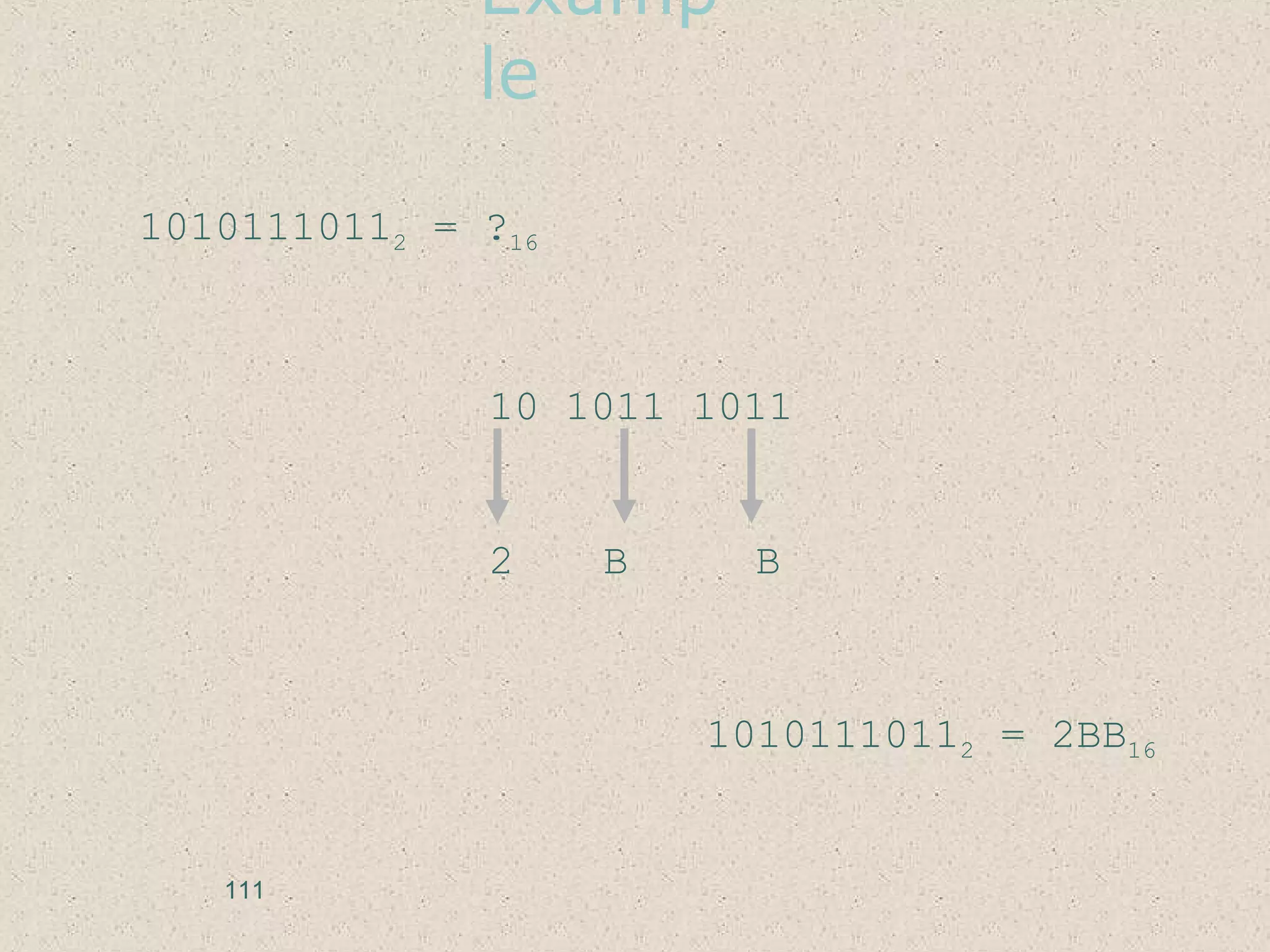 Examp
le
10101110112 = ?16
10 1011 1011
2 B B
10101110112 = 2BB16
111
 