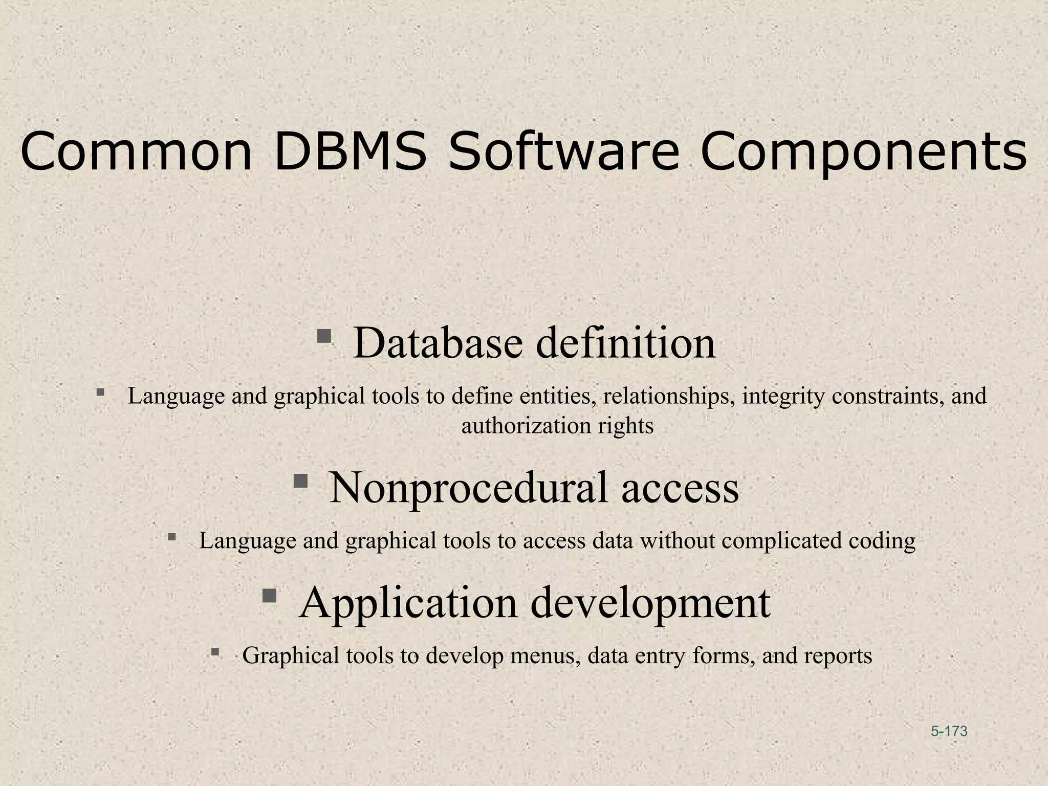 5-173
Common DBMS Software Components
 Database definition
 Language and graphical tools to define entities, relationships, integrity constraints, and
authorization rights
 Nonprocedural access
 Language and graphical tools to access data without complicated coding
 Application development
 Graphical tools to develop menus, data entry forms, and reports
 