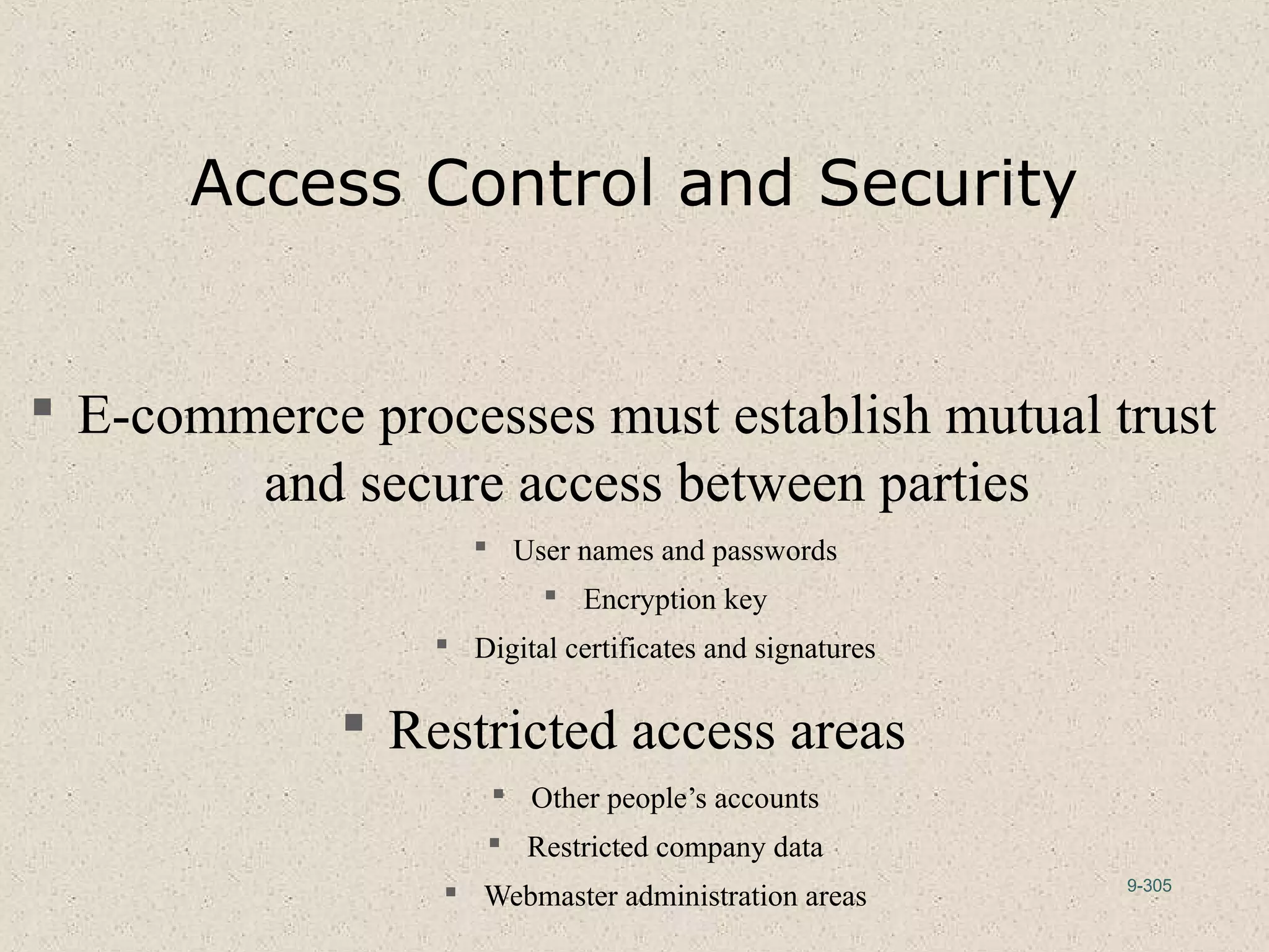 9-305
Access Control and Security
 E-commerce processes must establish mutual trust
and secure access between parties
 User names and passwords
 Encryption key
 Digital certificates and signatures
 Restricted access areas
 Other people’s accounts
 Restricted company data
 Webmaster administration areas
 