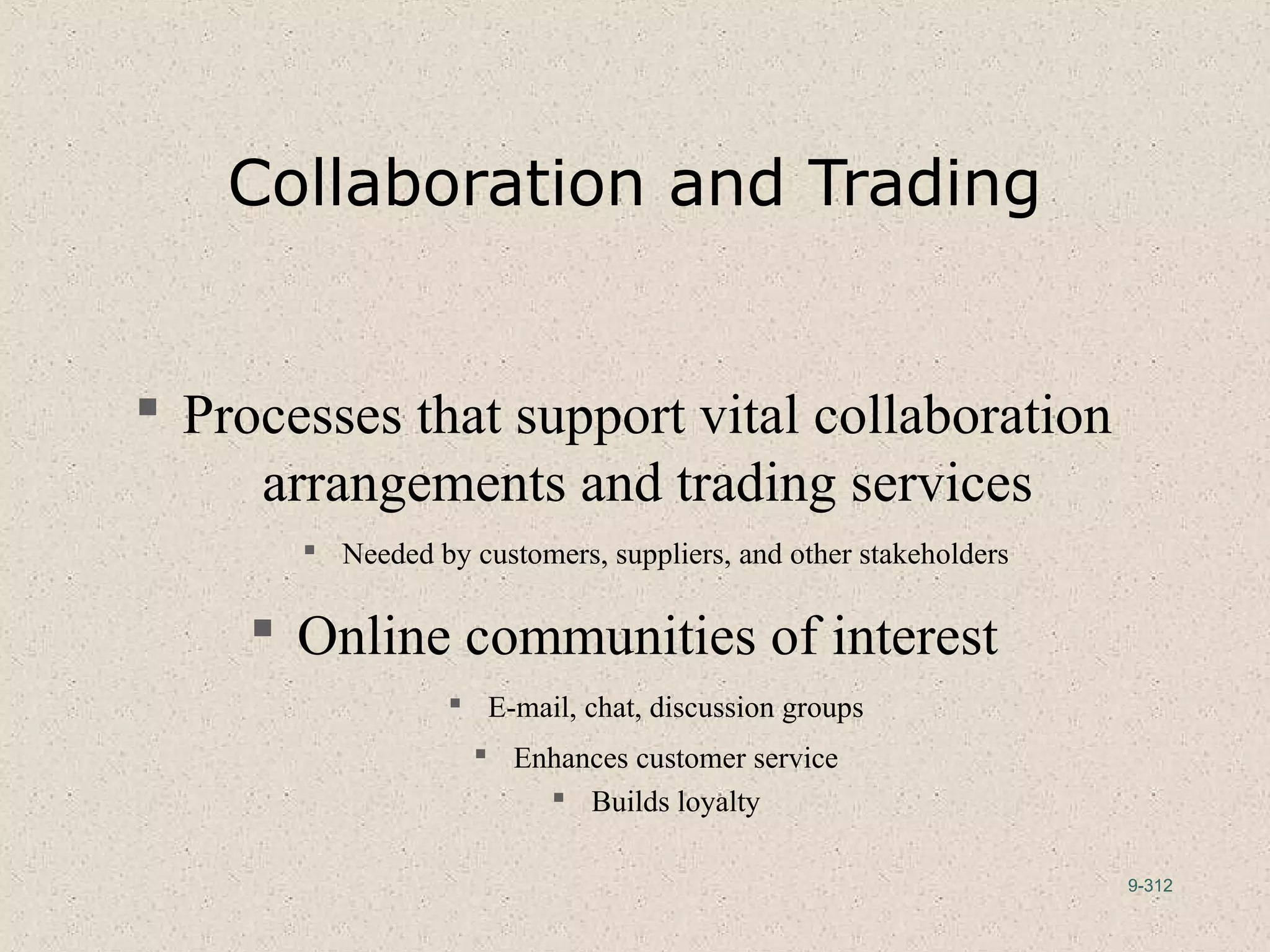 9-312
Collaboration and Trading
 Processes that support vital collaboration
arrangements and trading services
 Needed by customers, suppliers, and other stakeholders
 Online communities of interest
 E-mail, chat, discussion groups
 Enhances customer service
 Builds loyalty
 