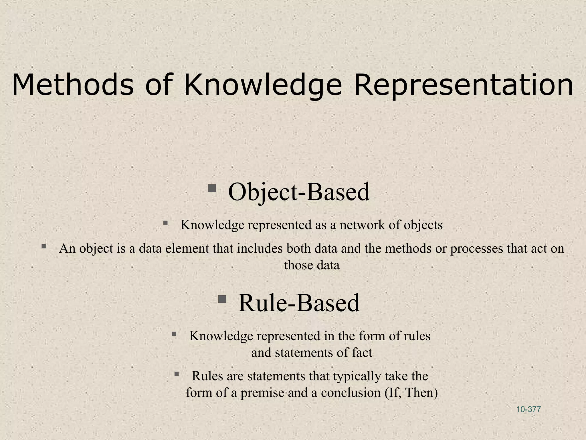 10-377
Methods of Knowledge Representation
 Object-Based
 Knowledge represented as a network of objects
 An object is a data element that includes both data and the methods or processes that act on
those data
 Rule-Based
 Knowledge represented in the form of rules
and statements of fact
 Rules are statements that typically take the
form of a premise and a conclusion (If, Then)
 