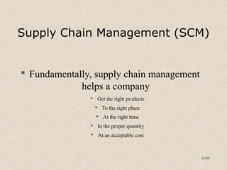 8-288
Supply Chain Management (SCM)
 Fundamentally, supply chain management
helps a company
 Get the right products
 To the right place
 At the right time
 In the proper quantity
 At an acceptable cost
 