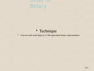Octal to
Binary
 Technique
 Convert each octal digit to a 3-bit equivalent binary representation
101
 