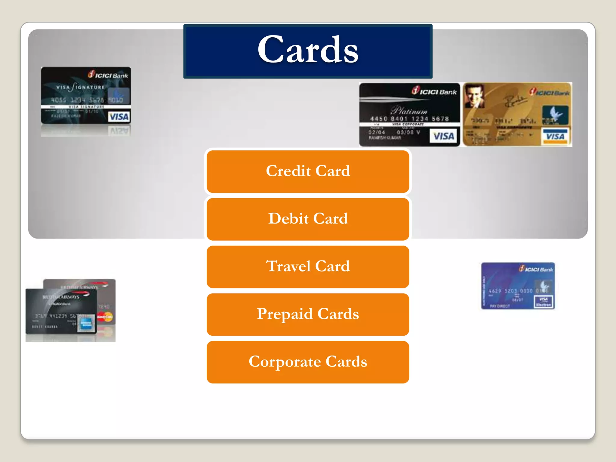 Cards
Credit Card
Debit Card
Travel Card
Prepaid Cards
Corporate Cards

 