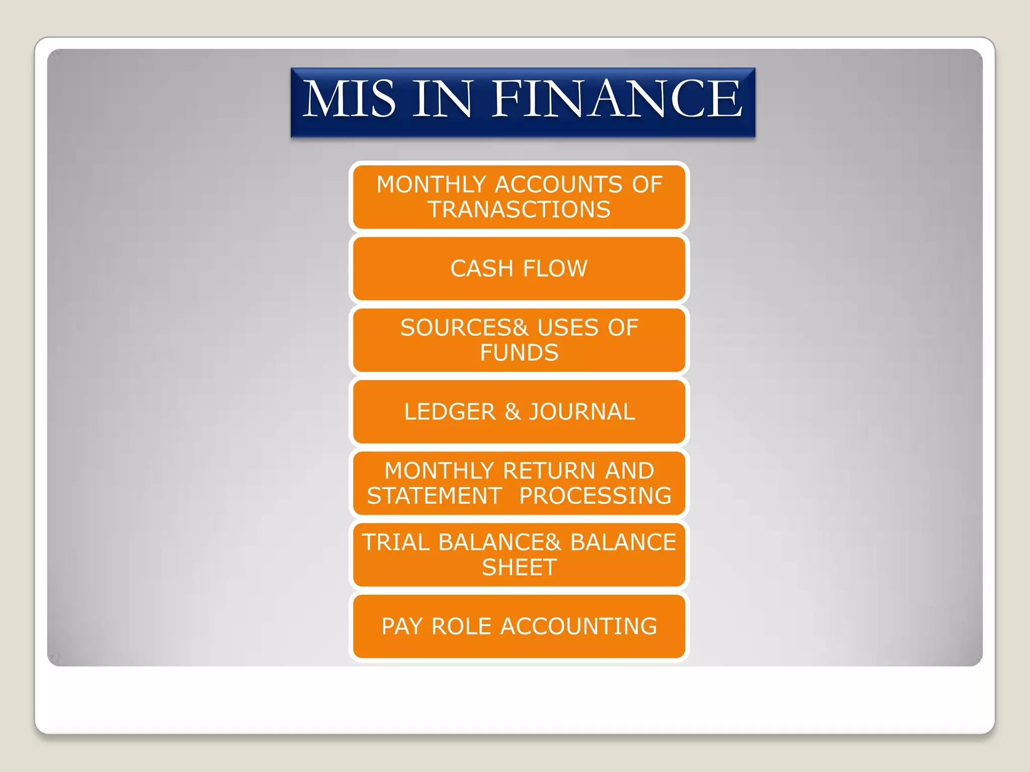 MIS IN FINANCE
MONTHLY ACCOUNTS OF
TRANASCTIONS

CASH FLOW
SOURCES& USES OF
FUNDS
LEDGER & JOURNAL
MONTHLY RETURN AND
STATEMENT PROCESSING

TRIAL BALANCE& BALANCE
SHEET
PAY ROLE ACCOUNTING

 