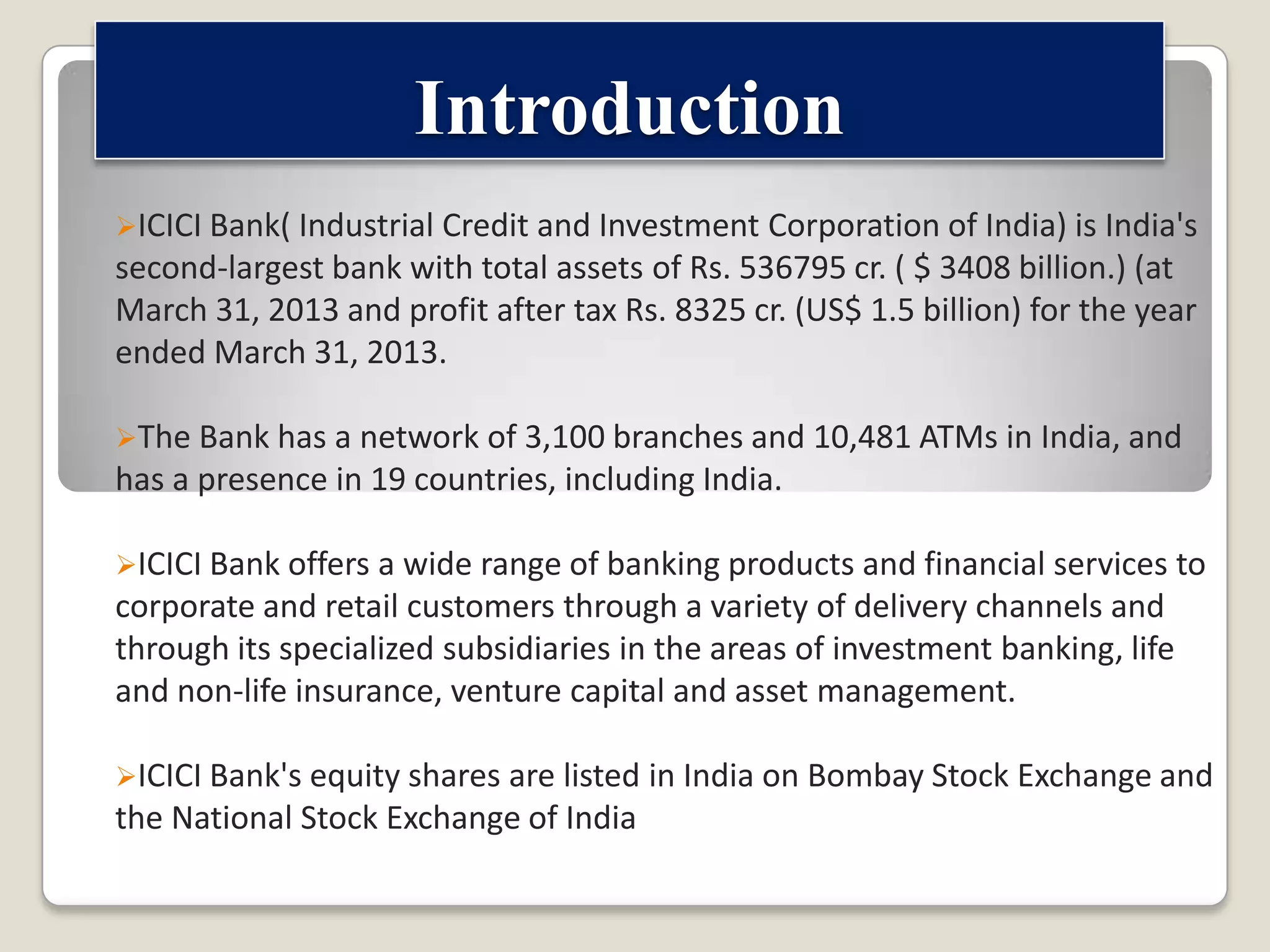 Introduction
ICICI Bank( Industrial Credit and Investment

Corporation of India) is India's
second-largest bank with total assets of Rs. 536795 cr. ( $ 3408 billion.) (at
March 31, 2013 and profit after tax Rs. 8325 cr. (US$ 1.5 billion) for the year
ended March 31, 2013.
The Bank has a network of 3,100 branches and 10,481 ATMs in India, and

has a presence in 19 countries, including India.
ICICI Bank offers a wide range of banking products and financial services to

corporate and retail customers through a variety of delivery channels and
through its specialized subsidiaries in the areas of investment banking, life
and non-life insurance, venture capital and asset management.
ICICI Bank's equity shares are listed

the National Stock Exchange of India

in India on Bombay Stock Exchange and

 