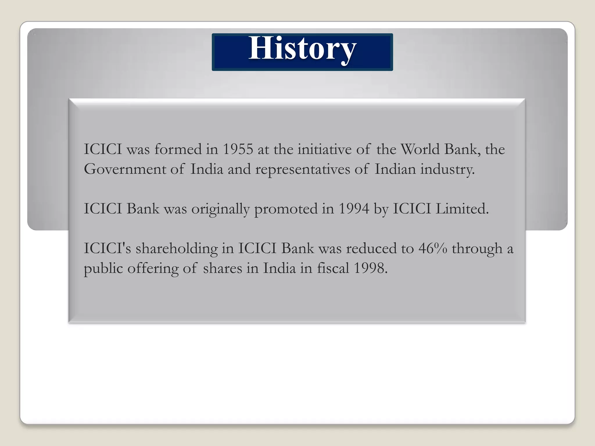 History
ICICI was formed in 1955 at the initiative of the World Bank, the
Government of India and representatives of Indian industry.
ICICI Bank was originally promoted in 1994 by ICICI Limited.

ICICI's shareholding in ICICI Bank was reduced to 46% through a
public offering of shares in India in fiscal 1998.

 