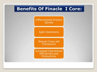 Benefits Of Finacle I Core:
Differentiated Product
Spread

Agile Operations

Robust Cross-sell
Framework
Increased Operational
Efficiencies and
Productivity

 