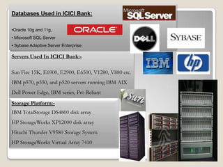 Databases Used in ICICI Bank:
•Oracle 10g and 11g,
• Microsoft SQL Server
• Sybase Adaptive Server Enterprise

Servers Used In ICICI Bank:Sun Fire 15K, E6900, E2900, E6500, V1280, V880 etc.
IBM p570, p550, and p520 servers running IBM AIX
Dell Power Edge, IBM series, Pro Reliant
Storage Platform:IBM TotalStorage DS4800 disk array
HP StorageWorks XP12000 disk array
Hitachi Thunder V9580 Storage System
HP StorageWorks Virtual Array 7410

 