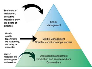 Senior set of
individuals,
executive
managers they
are board of
directors
Work in
specific
departments
like accounting,
marketing or
production
convert
resources into
desired goods
and services
 
