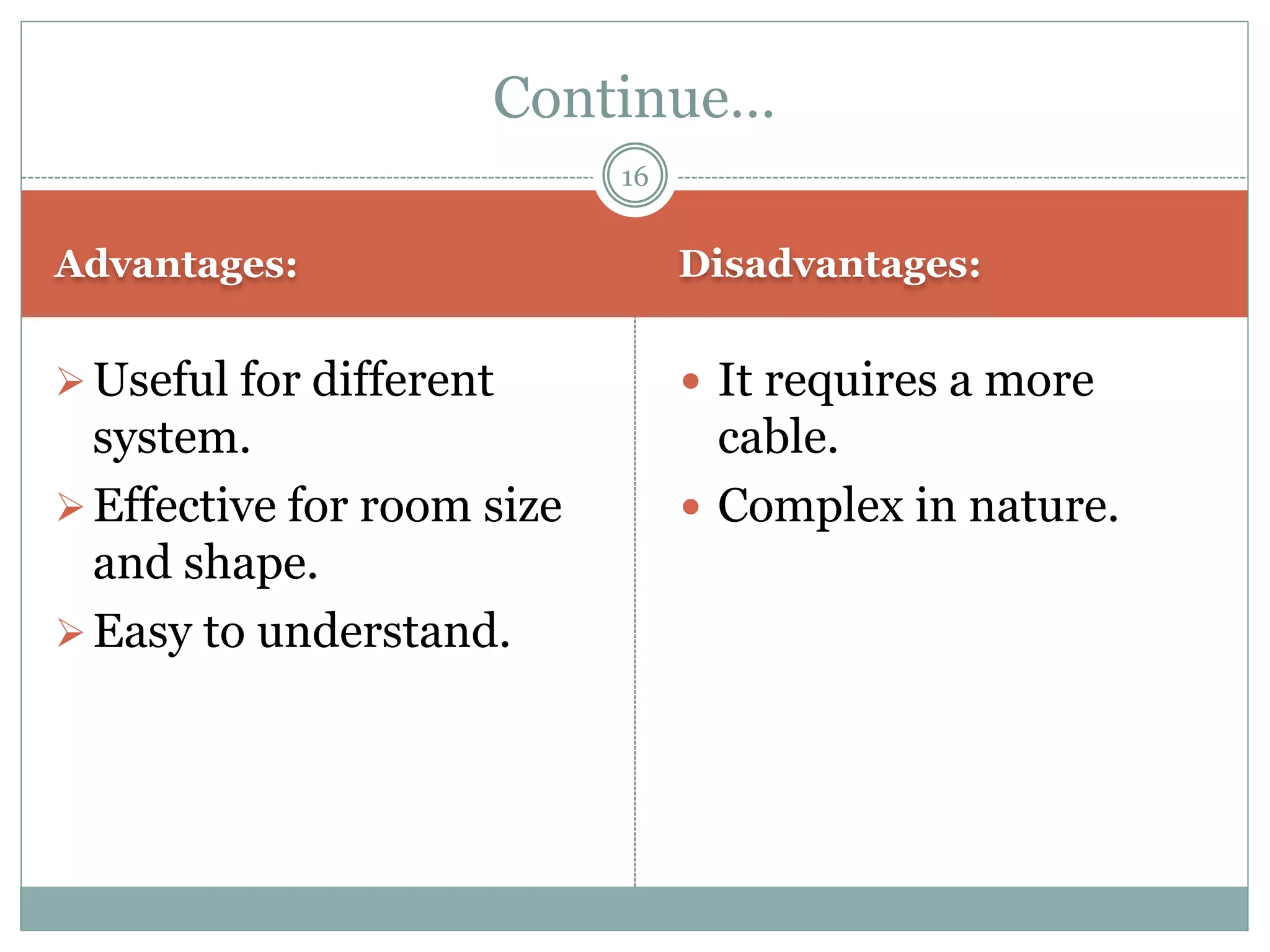 Advantages: Disadvantages:
Useful for different
system.
Effective for room size
and shape.
Easy to understand.
 It requires a more
cable.
 Complex in nature.
Continue…
16
 