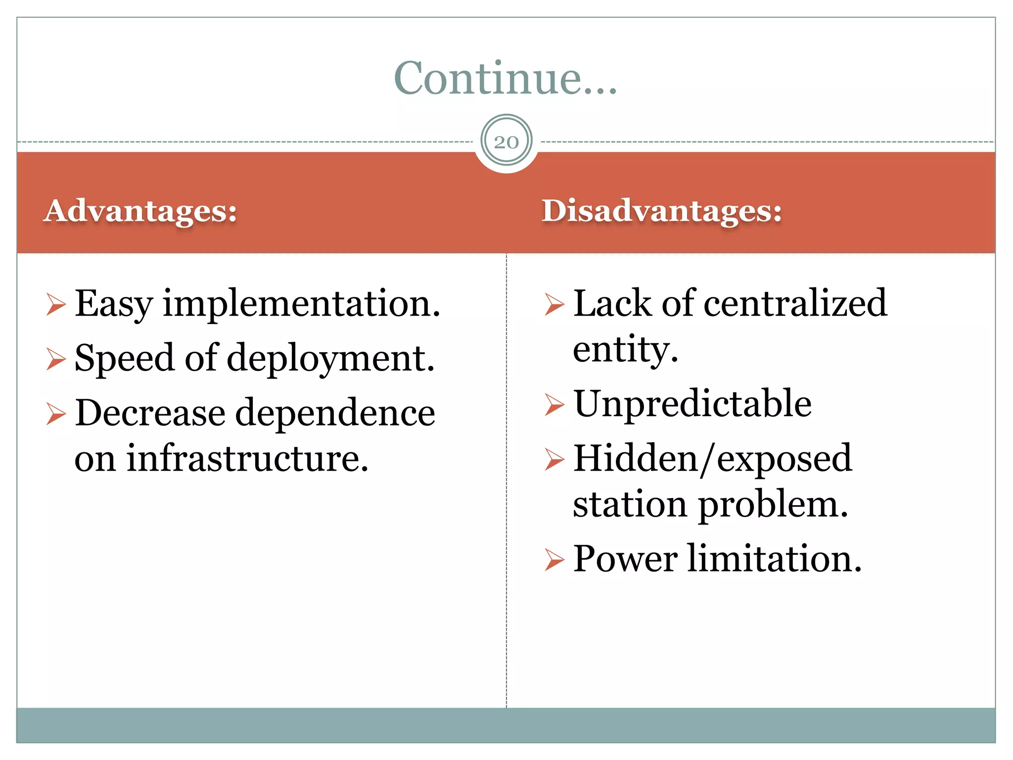 Advantages: Disadvantages:
Easy implementation.
Speed of deployment.
Decrease dependence
on infrastructure.
Lack of centralized
entity.
Unpredictable
Hidden/exposed
station problem.
Power limitation.
Continue…
20
 