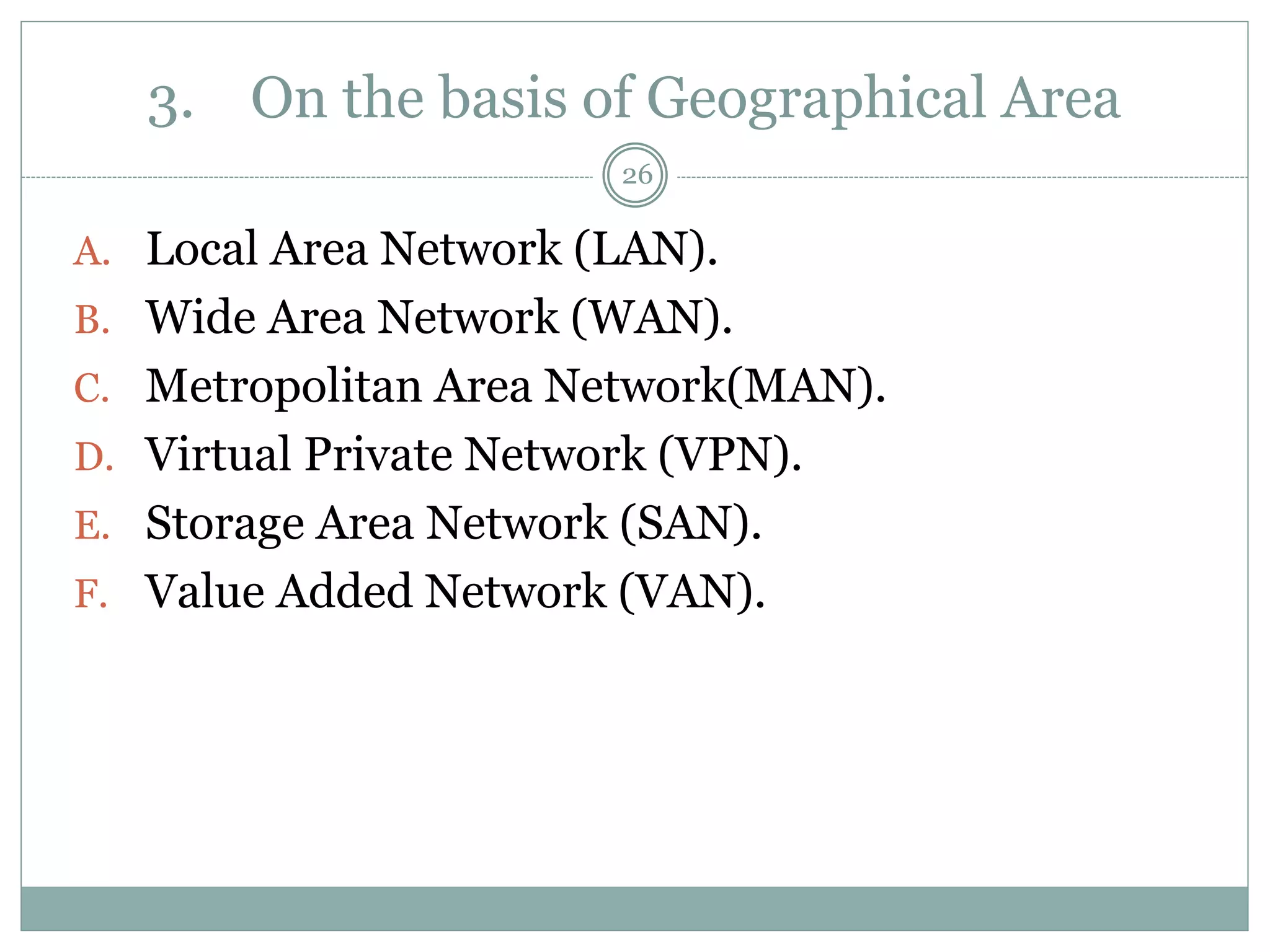 3. On the basis of Geographical Area
A. Local Area Network (LAN).
B. Wide Area Network (WAN).
C. Metropolitan Area Network(MAN).
D. Virtual Private Network (VPN).
E. Storage Area Network (SAN).
F. Value Added Network (VAN).
26
 