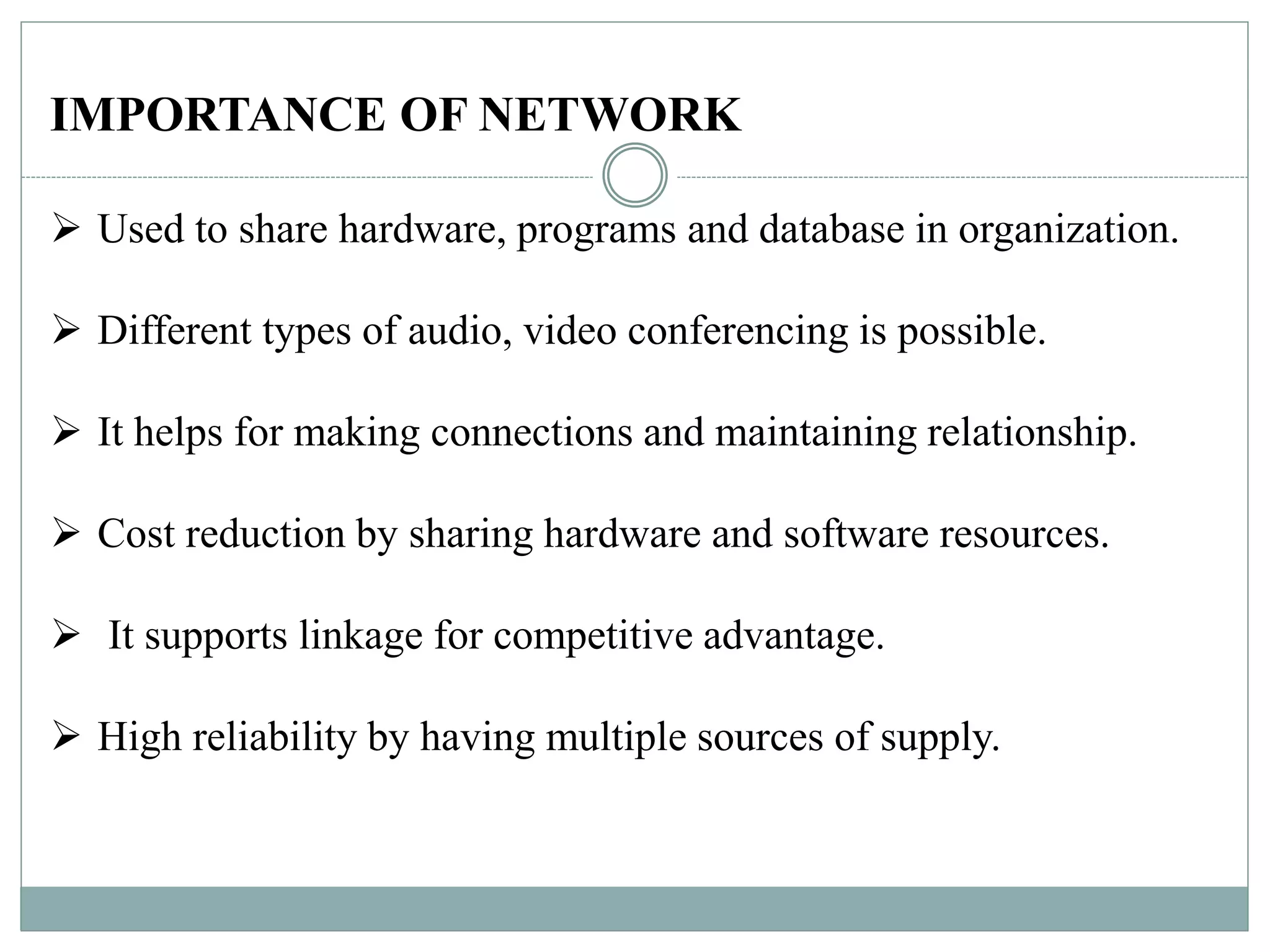 IMPORTANCE OF NETWORK
 Used to share hardware, programs and database in organization.
 Different types of audio, video conferencing is possible.
 It helps for making connections and maintaining relationship.
 Cost reduction by sharing hardware and software resources.
 It supports linkage for competitive advantage.
 High reliability by having multiple sources of supply.
3
 