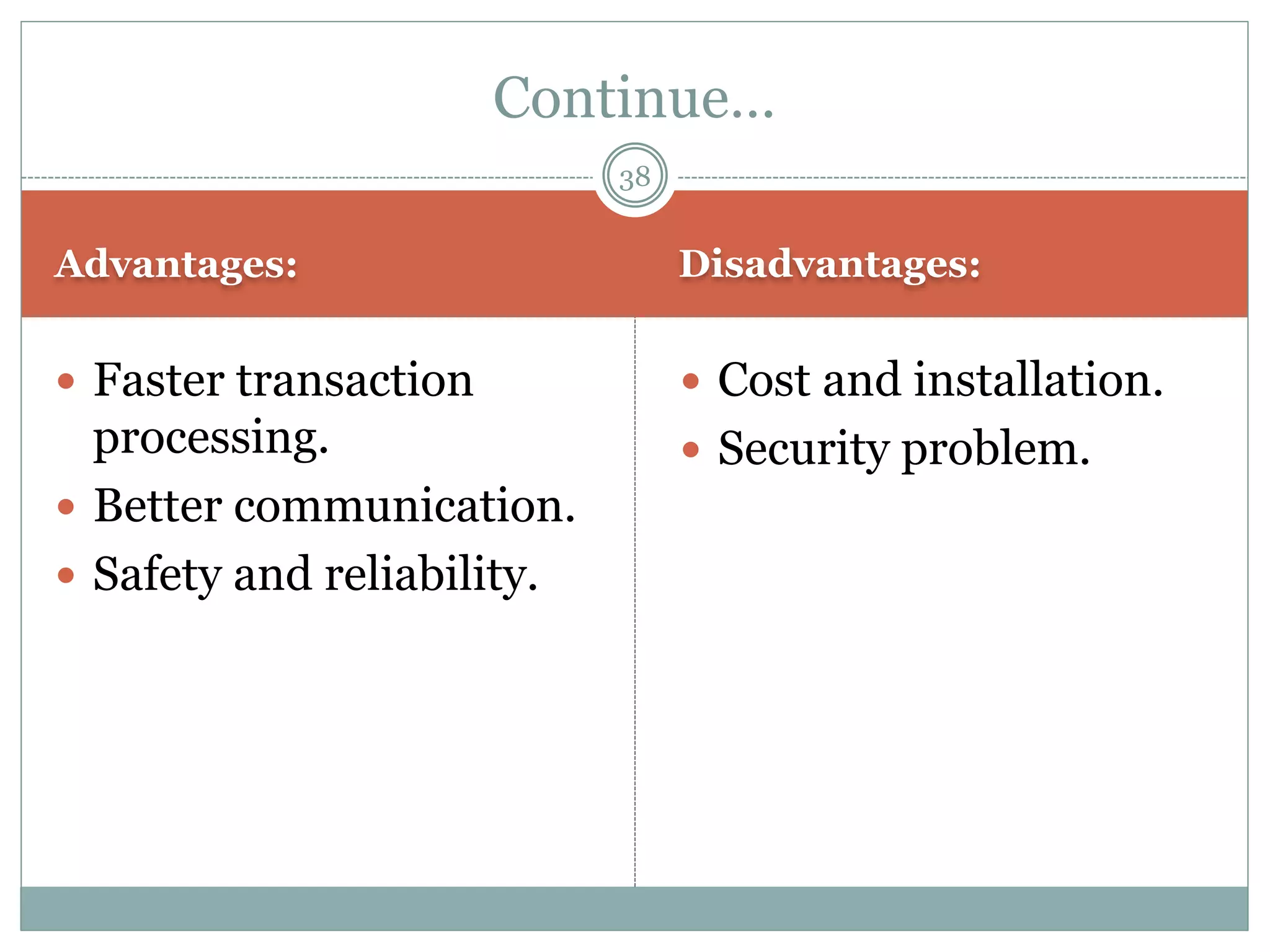 Advantages: Disadvantages:
 Faster transaction
processing.
 Better communication.
 Safety and reliability.
 Cost and installation.
 Security problem.
Continue…
38
 