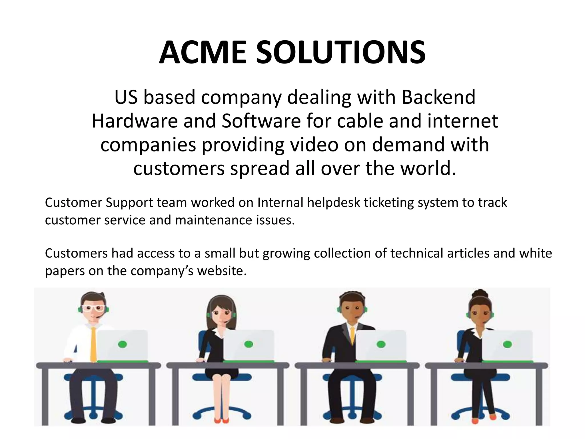 ACME SOLUTIONS
US based company dealing with Backend
Hardware and Software for cable and internet
companies providing video on demand with
customers spread all over the world.
Customer Support team worked on Internal helpdesk ticketing system to track
customer service and maintenance issues.
Customers had access to a small but growing collection of technical articles and white
papers on the company’s website.
 