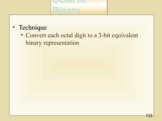 Octal to
Binary
Octal to
Binary
• Technique
• Convert each octal digit to a 3-bit equivalent
binary representation
133
 