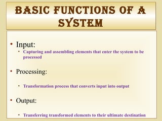 baSIc functIonS of a
SySteM
baSIc functIonS of a
SySteM
• Input:
• Capturing and assembling elements that enter the system to be
processed
• Processing:
• Transformation process that converts input into output
• Output:
• Transferring transformed elements to their ultimate destination
 