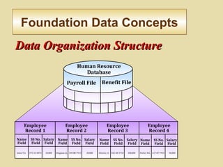 Foundation Data ConceptsFoundation Data Concepts
Employee
Record 1
Employee
Record 2
Employee
Record 3
Employee
Record 4
Name
Field
SS No.
Field
Salary
Field
Name
Field
SS No.
Field
Salary
Field
Name
Field
SS No.
Field
Salary
Field
Name
Field
SS No.
Field
Salary
Field
Jones T.A. 275-32-3874 20,000 Klugman J.L. 349-88-7913 28,000 Alverez, J.S. 542-40-3718 100,000 Porter, M.L. 617-87-7915 50,000
Human Resource
Database
Payroll File Benefit File
Data Organization StructureData Organization Structure
 