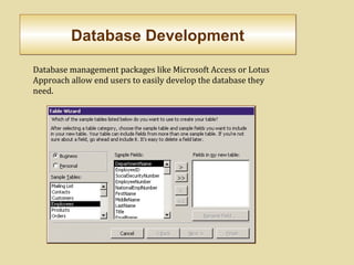 Database DevelopmentDatabase Development
Database management packages like Microsoft Access or Lotus
Approach allow end users to easily develop the database they
need.
 
