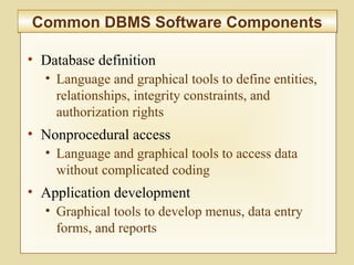 5-205
Common DBMS Software ComponentsCommon DBMS Software Components
• Database definition
• Language and graphical tools to define entities,
relationships, integrity constraints, and
authorization rights
• Nonprocedural access
• Language and graphical tools to access data
without complicated coding
• Application development
• Graphical tools to develop menus, data entry
forms, and reports
 