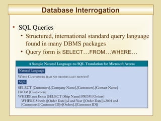 5-210
Database InterrogationDatabase Interrogation
• SQL Queries
• Structured, international standard query language
found in many DBMS packages
• Query form is SELECT…FROM…WHERE…
 