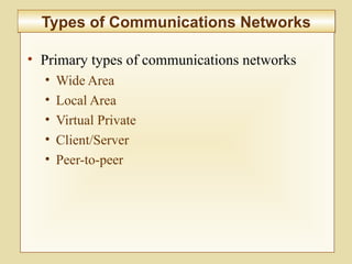 6-217
Types of Communications NetworksTypes of Communications Networks
• Primary types of communications networks
• Wide Area
• Local Area
• Virtual Private
• Client/Server
• Peer-to-peer
 