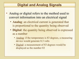 6-231
Digital and Analog SignalsDigital and Analog Signals
• Analog or digital refers to the method used to
convert information into an electrical signal
• Analog: an electrical current is generated that
is proportional to the quantity being observed
• Digital: the quantity being observed is expressed
as a number
• Analog: if the temperature is 83 degrees, a measuring
device would generate 8.3 volts
• Digital: a measurement of 83 degrees would be
displayed as the number 83
 