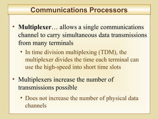 6-245
Communications ProcessorsCommunications Processors
• Multiplexer… allows a single communications
channel to carry simultaneous data transmissions
from many terminals
• In time division multiplexing (TDM), the
multiplexer divides the time each terminal can
use the high-speed into short time slots
• Multiplexers increase the number of
transmissions possible
• Does not increase the number of physical data
channels
 