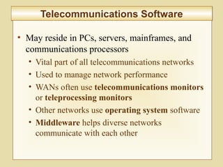6-246
Telecommunications SoftwareTelecommunications Software
• May reside in PCs, servers, mainframes, and
communications processors
• Vital part of all telecommunications networks
• Used to manage network performance
• WANs often use telecommunications monitors
or teleprocessing monitors
• Other networks use operating system software
• Middleware helps diverse networks
communicate with each other
 