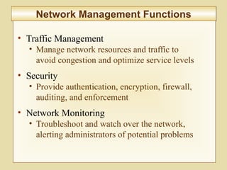 6-247
Network Management FunctionsNetwork Management Functions
• Traffic Management
• Manage network resources and traffic to
avoid congestion and optimize service levels
• Security
• Provide authentication, encryption, firewall,
auditing, and enforcement
• Network Monitoring
• Troubleshoot and watch over the network,
alerting administrators of potential problems
 