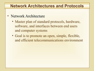 6-253
Network Architectures and ProtocolsNetwork Architectures and Protocols
• Network Architecture
• Master plan of standard protocols, hardware,
software, and interfaces between end users
and computer systems
• Goal is to promote an open, simple, flexible,
and efficient telecommunications environment
 