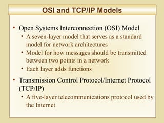 6-254
OSI and TCP/IP ModelsOSI and TCP/IP Models
• Open Systems Interconnection (OSI) Model
• A seven-layer model that serves as a standard
model for network architectures
• Model for how messages should be transmitted
between two points in a network
• Each layer adds functions
• Transmission Control Protocol/Internet Protocol
(TCP/IP)
• A five-layer telecommunications protocol used by
the Internet
 