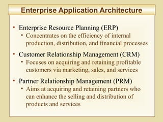 7-266
Enterprise Application ArchitectureEnterprise Application Architecture
• Enterprise Resource Planning (ERP)
• Concentrates on the efficiency of internal
production, distribution, and financial processes
• Customer Relationship Management (CRM)
• Focuses on acquiring and retaining profitable
customers via marketing, sales, and services
• Partner Relationship Management (PRM)
• Aims at acquiring and retaining partners who
can enhance the selling and distribution of
products and services
 