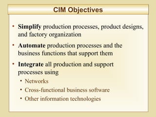 7-284
CIM ObjectivesCIM Objectives
• Simplify production processes, product designs,
and factory organization
• Automate production processes and the
business functions that support them
• Integrate all production and support
processes using
• Networks
• Cross-functional business software
• Other information technologies
 