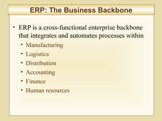 8-312
ERP: The Business BackboneERP: The Business Backbone
• ERP is a cross-functional enterprise backbone
that integrates and automates processes within
• Manufacturing
• Logistics
• Distribution
• Accounting
• Finance
• Human resources
 