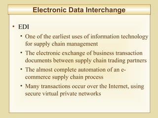 8-324
Electronic Data InterchangeElectronic Data Interchange
• EDI
• One of the earliest uses of information technology
for supply chain management
• The electronic exchange of business transaction
documents between supply chain trading partners
• The almost complete automation of an e-
commerce supply chain process
• Many transactions occur over the Internet, using
secure virtual private networks
 