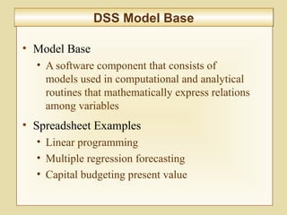 10-374
DSS Model BaseDSS Model Base
• Model Base
• A software component that consists of
models used in computational and analytical
routines that mathematically express relations
among variables
• Spreadsheet Examples
• Linear programming
• Multiple regression forecasting
• Capital budgeting present value
 