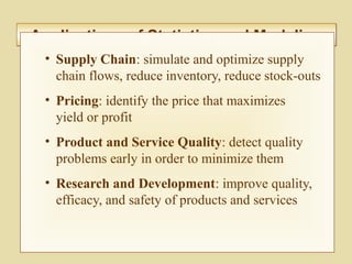 10-375
Applications of Statistics and ModelingApplications of Statistics and Modeling
• Supply Chain: simulate and optimize supply
chain flows, reduce inventory, reduce stock-outs
• Pricing: identify the price that maximizes
yield or profit
• Product and Service Quality: detect quality
problems early in order to minimize them
• Research and Development: improve quality,
efficacy, and safety of products and services
 