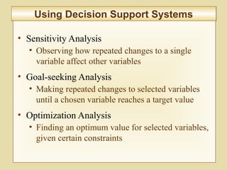 10-386
Using Decision Support SystemsUsing Decision Support Systems
• Sensitivity Analysis
• Observing how repeated changes to a single
variable affect other variables
• Goal-seeking Analysis
• Making repeated changes to selected variables
until a chosen variable reaches a target value
• Optimization Analysis
• Finding an optimum value for selected variables,
given certain constraints
 