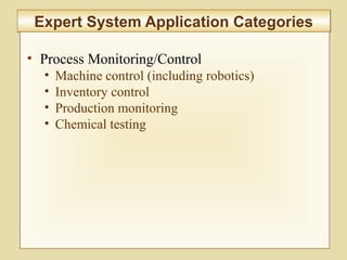 10-412
Expert System Application CategoriesExpert System Application Categories
• Process Monitoring/Control
• Machine control (including robotics)
• Inventory control
• Production monitoring
• Chemical testing
 