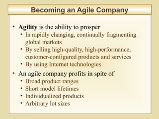 2-72
• Agility is the ability to prosper
• In rapidly changing, continually fragmenting
global markets
• By selling high-quality, high-performance,
customer-configured products and services
• By using Internet technologies
• An agile company profits in spite of
• Broad product ranges
• Short model lifetimes
• Individualized products
• Arbitrary lot sizes
Becoming an Agile CompanyBecoming an Agile Company
 