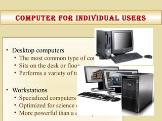 coMputer for IndIvIdual uSerScoMputer for IndIvIdual uSerS
• Desktop computers
• The most common type of computer
• Sits on the desk or floor
• Performs a variety of tasks
• Workstations
• Specialized computers
• Optimized for science or graphics
• More powerful than a desktop
 