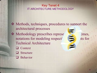 21
Key Tenet 4
IT ARCHITECTURE METHODOLOGY
 Methods, techniques, procedures to support the
architectural processes
 Methodology prescribes representation schemes,
notations for modeling respective viewpoints for
Technical Architecture
 Context
 Structure
 Behavior
 