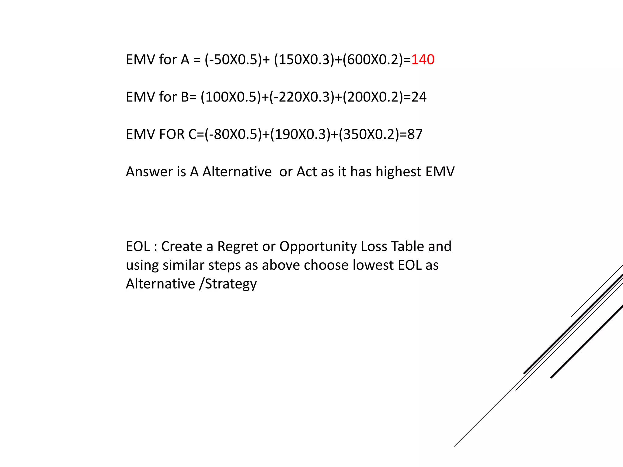 EMV for A = (-50X0.5)+ (150X0.3)+(600X0.2)=140
EMV for B= (100X0.5)+(-220X0.3)+(200X0.2)=24
EMV FOR C=(-80X0.5)+(190X0.3)+(350X0.2)=87
Answer is A Alternative or Act as it has highest EMV
EOL : Create a Regret or Opportunity Loss Table and
using similar steps as above choose lowest EOL as
Alternative /Strategy
 