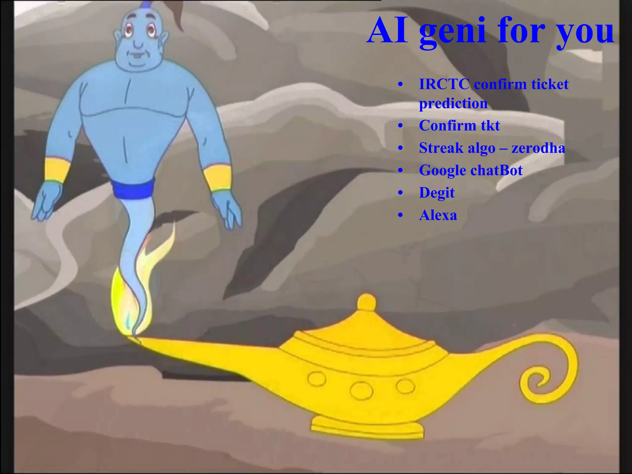 AI geni for you
• IRCTC confirm ticket
prediction
• Confirm tkt
• Streak algo – zerodha
• Google chatBot
• Degit
• Alexa
 